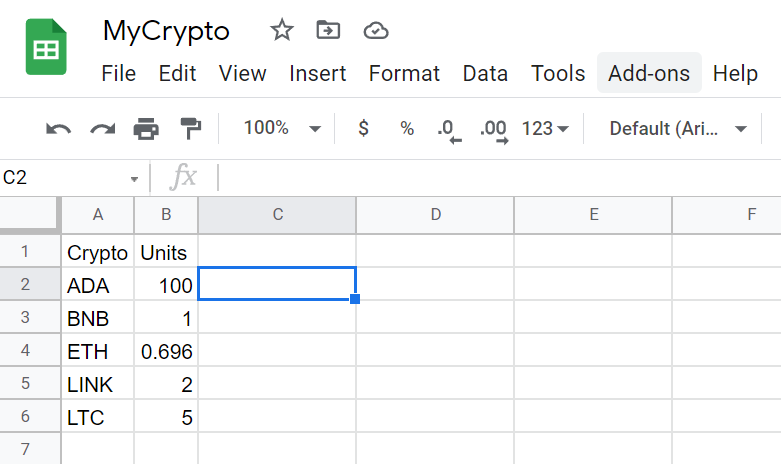 google sheets crypto price formula